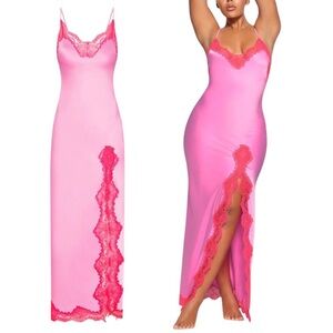 SKIMS Vibrant Pink Chemise with Red Lace